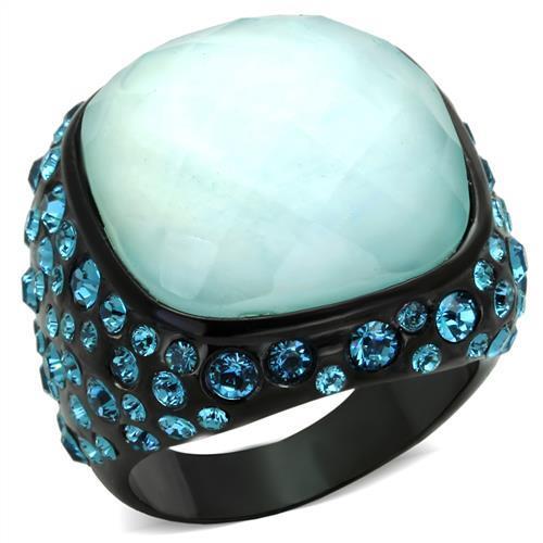 JCE1617 IP Black(Ion Plating) Stainless Steel Ring with Synthetic Synthetic Glass in Sea Blue