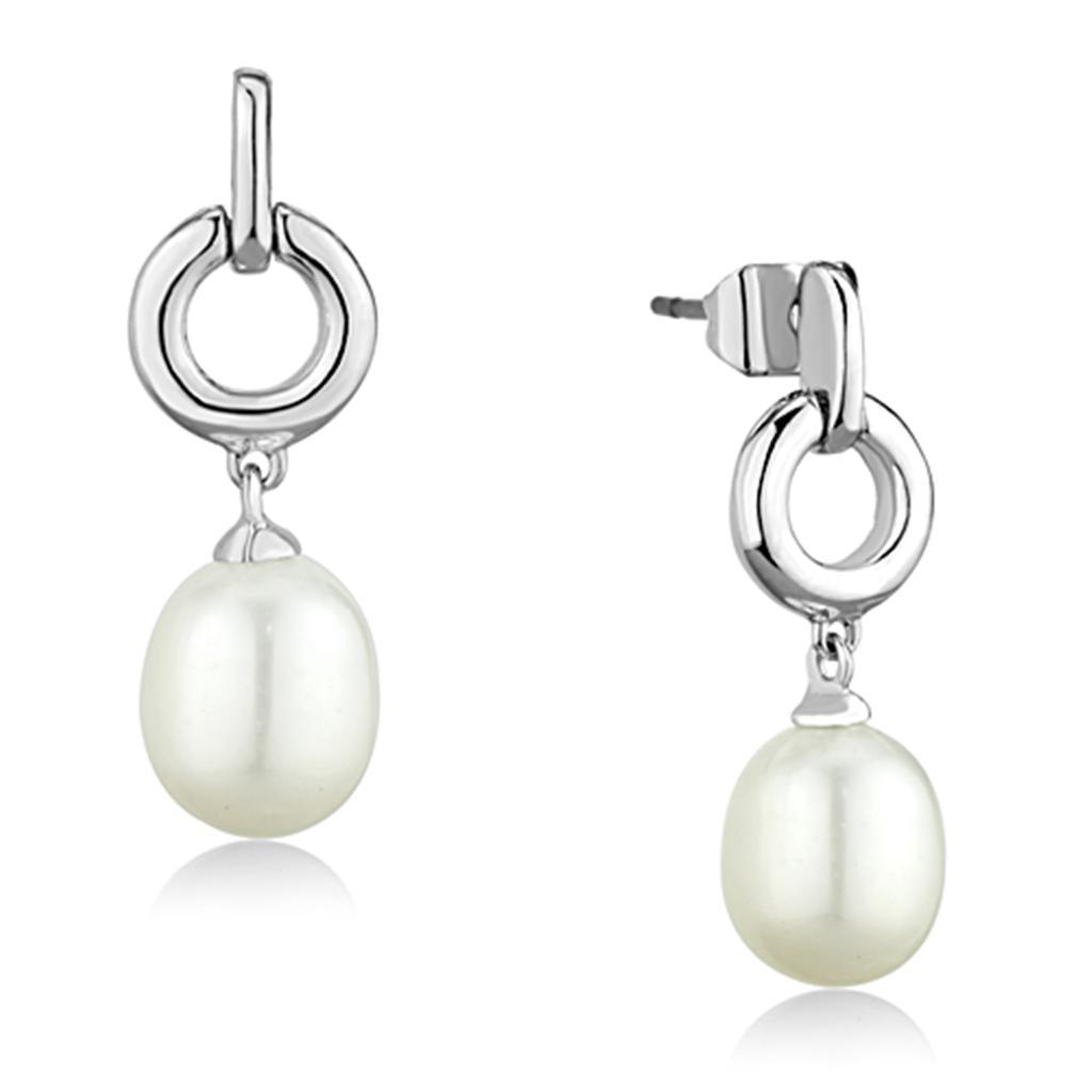 JCE684 Rhodium Brass Earrings with Synthetic Pearl in White