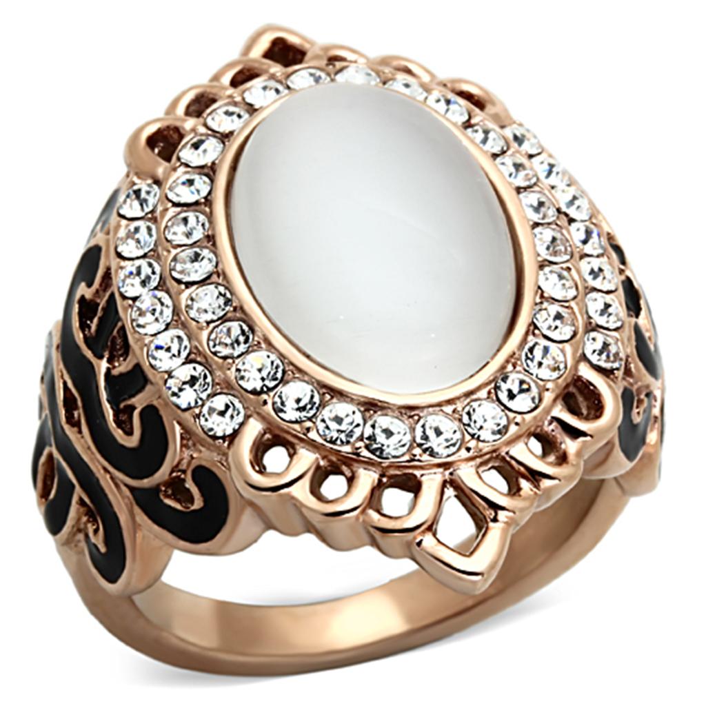 JCE1286 IP Rose Gold(Ion Plating) Stainless Steel Ring with Synthetic Cat Eye in White