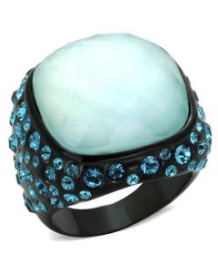 JCE1617 IP Black(Ion Plating) Stainless Steel Ring with Synthetic Synthetic Glass in Sea Blue